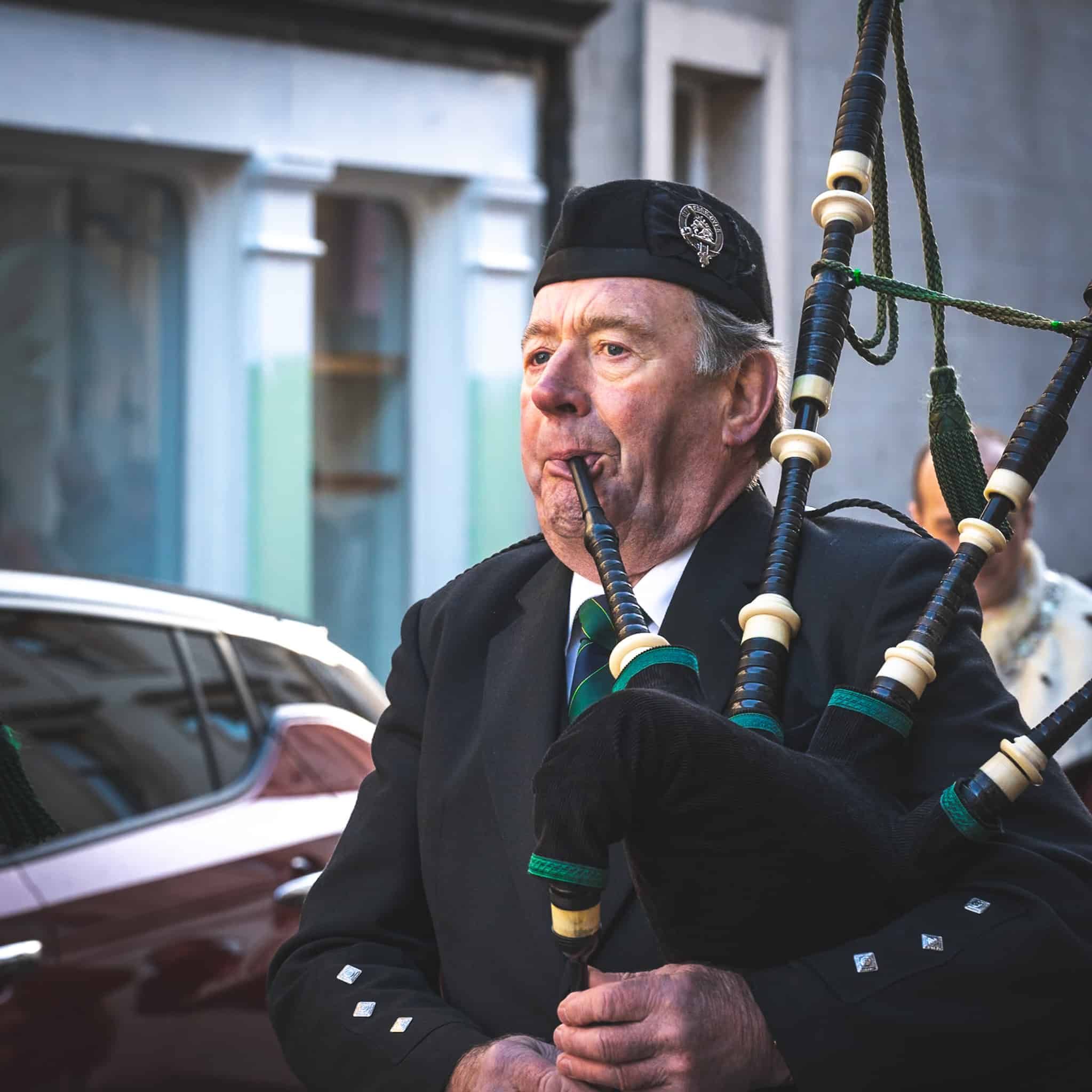 Bagpipes being played in Kelso on the Scottish Borders by the River Tweed