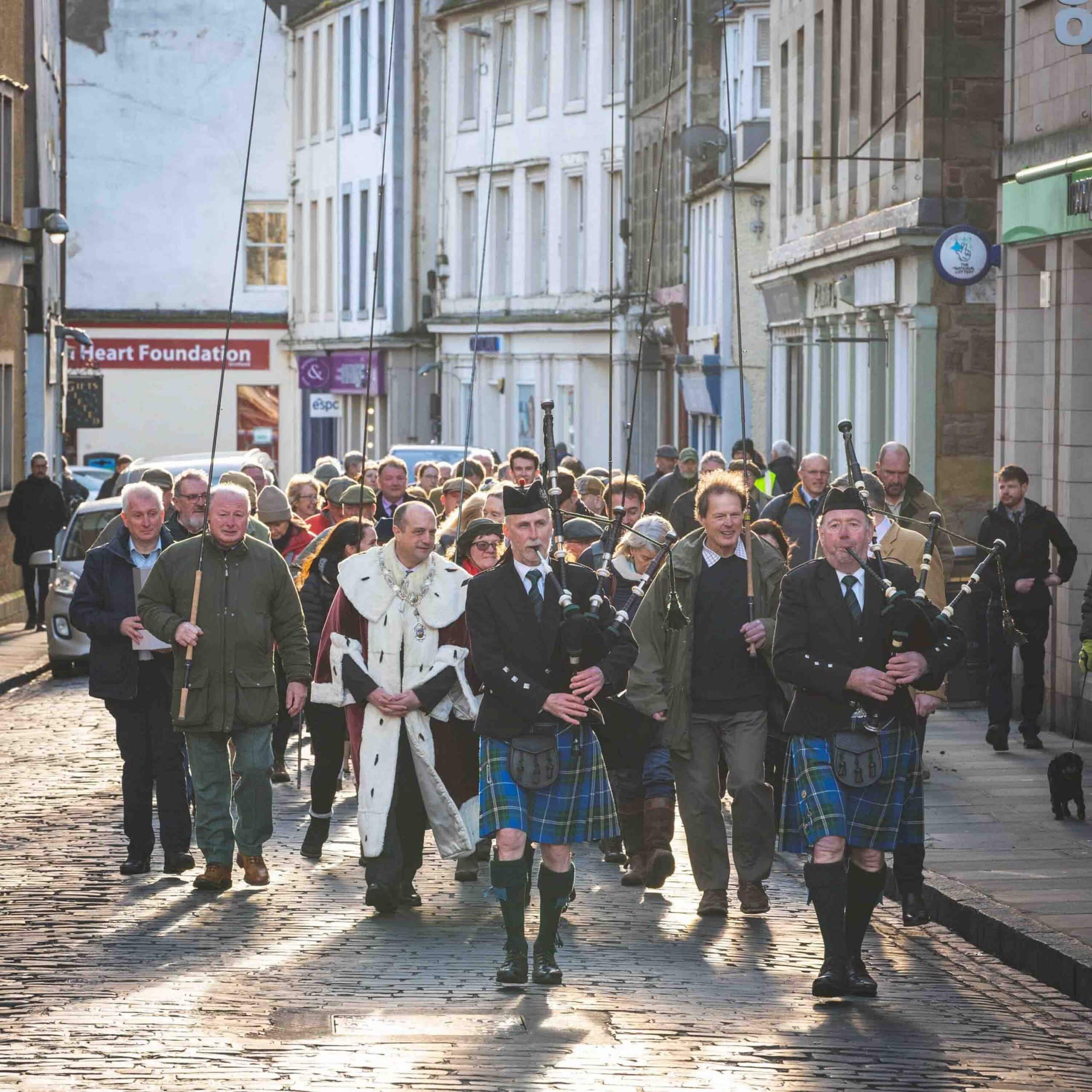 Bagpipes played in Kelso on the Scottish Borders by the River Tweed as part of The Tweed Trophy celebrations