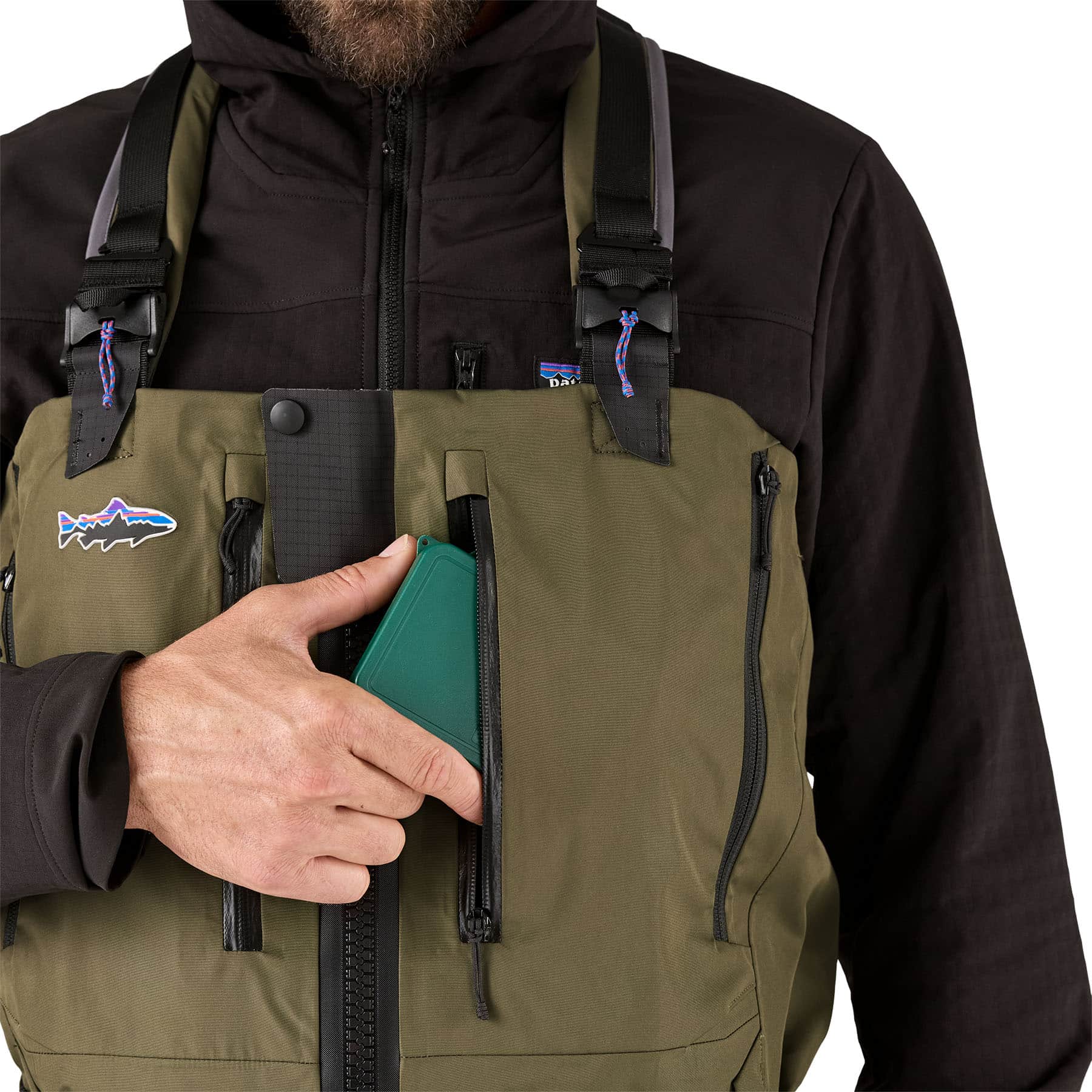 Patagonia Mens Swiftcurrent Expedition Zip Front Waders Fly Box Detail