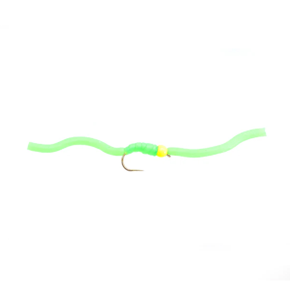 Fario-Green-Squirmy Fario Fly Squirmy – Flou Chartruese Green Barbless - Fin & Game