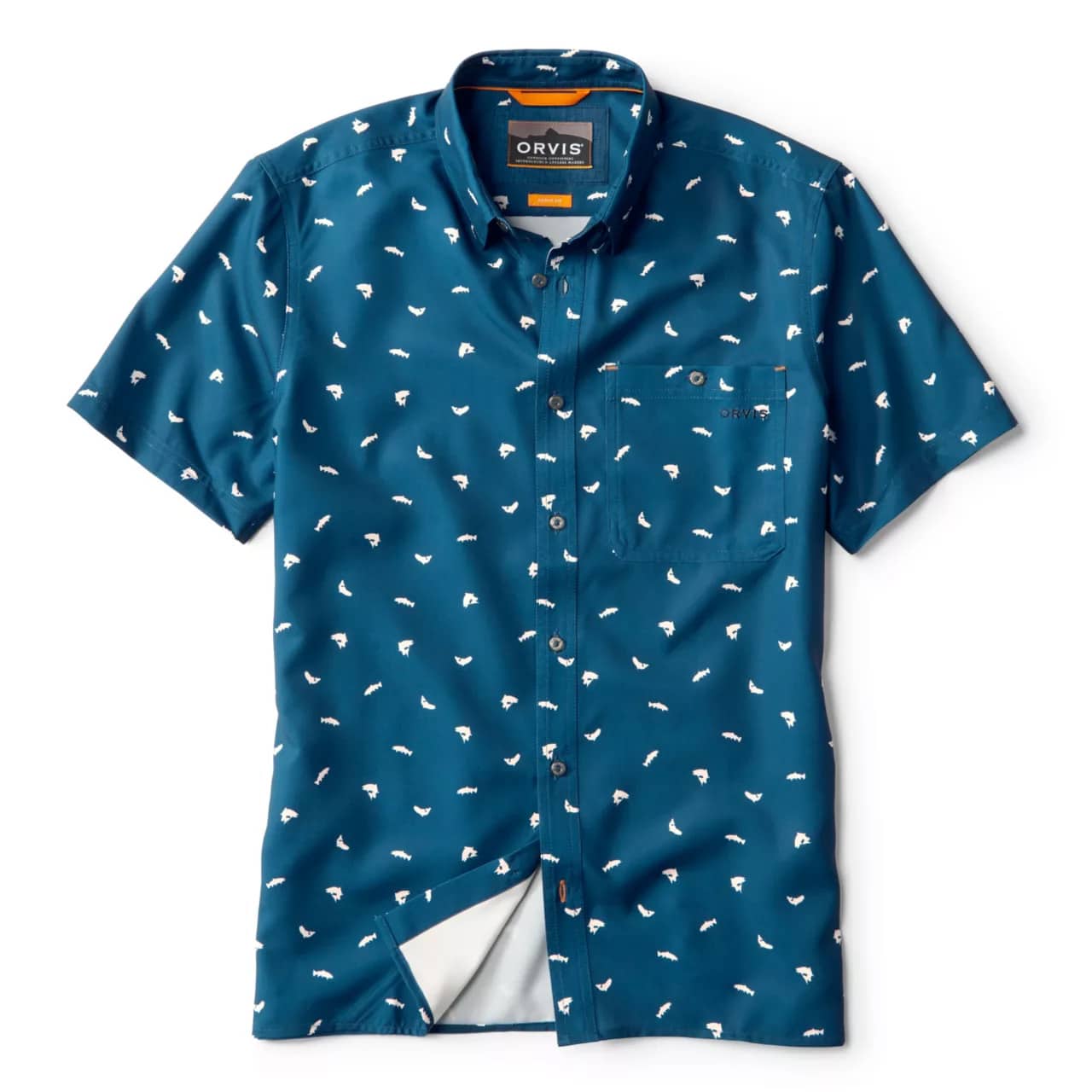 PRINTED-TECH-CHAMBRAY-SS-Blue-Lagoon-copy Orvis Men’s Printed Tech Chambray S/S Shirt – Navy/White - Fin & Game